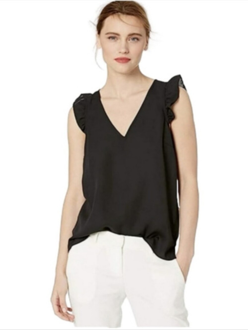 J. Crew Black Sleeveless Ruffle V Neck Tank Top Women's Size 0